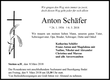 Traueranzeige von Anton Schäfer von Hohenzollerische Zeitung