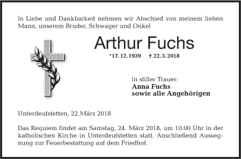 Traueranzeige von Arthur Fuchs von Hohenloher Tagblatt