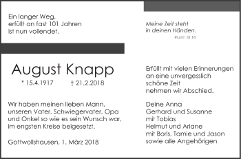 Traueranzeige von August Knapp von Haller Tagblatt