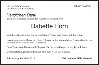 Traueranzeige von Babette Horn von Hohenloher Tagblatt