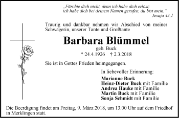 Traueranzeige von Barbara Blümmel von SÜDWEST PRESSE Ausgabe Ulm/Neu-Ulm