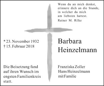 Traueranzeige von Barbara Heinzelmann von SÜDWEST PRESSE Ausgabe Ulm/Neu-Ulm