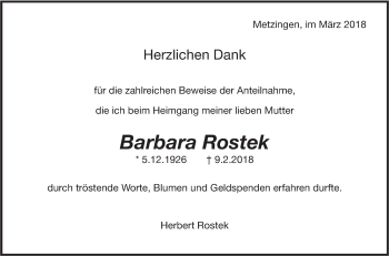 Traueranzeige von Barbara Rostek von Metzinger-Uracher Volksblatt