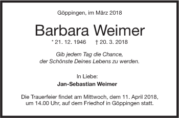 Traueranzeige von Barbara Weimer von NWZ Neue Württembergische Zeitung