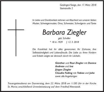 Traueranzeige von Barbara Ziegler von Geislinger Zeitung