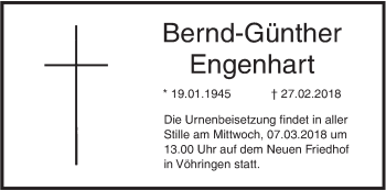 Traueranzeige von Bernd-Günther Engenhart von SÜDWEST PRESSE Ausgabe Ulm/Neu-Ulm