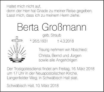 Traueranzeige von Berta Großmann von Haller Tagblatt