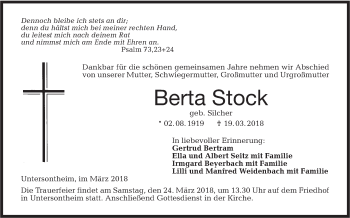 Traueranzeige von Berta Stock von Haller Tagblatt