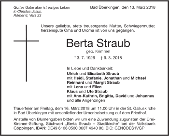 Traueranzeige von Berta Straub von Geislinger Zeitung