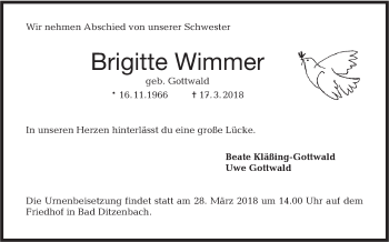 Traueranzeige von Brigitte Wimmer von Haller Tagblatt