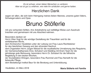 Traueranzeige von Bruno Stöferle von Ehinger Tagblatt