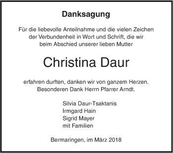 Traueranzeige von Christina Daur von SÜDWEST PRESSE Ausgabe Ulm/Neu-Ulm