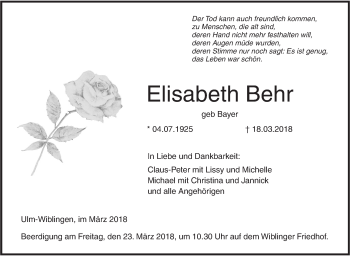 Traueranzeige von Elisabeth Behr von SÜDWEST PRESSE Ausgabe Ulm/Neu-Ulm