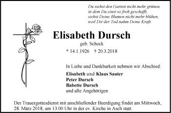 Traueranzeige von Elisabeth Dursch von SÜDWEST PRESSE Ausgabe Ulm/Neu-Ulm