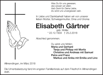 Traueranzeige von Elisabeth Gärtner von Ehinger Tagblatt