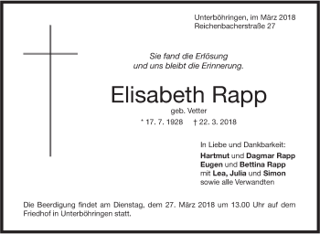 Traueranzeige von Elisabeth Rapp von Geislinger Zeitung