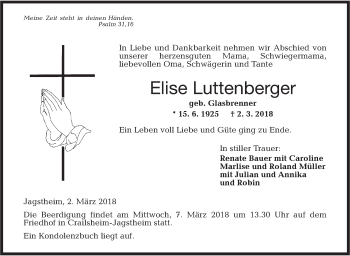 Traueranzeige von Elise Luttenberger von Hohenloher Tagblatt