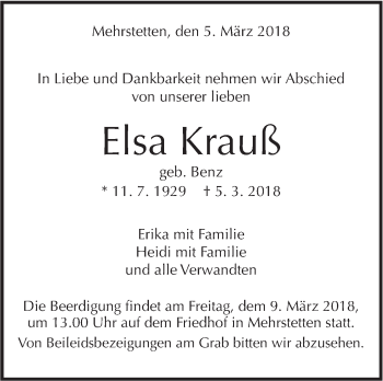 Traueranzeige von Elsa Krauß von Alb-Bote/Metzinger-Uracher Volksblatt