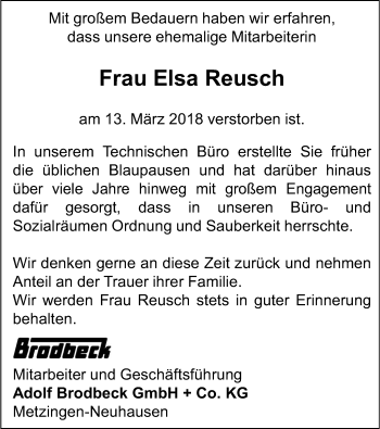 Traueranzeige von Elsa Reusch von Metzinger-Uracher Volksblatt