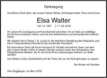 Traueranzeige von Elsa Walter von SÜDWEST PRESSE Ausgabe Ulm/Neu-Ulm