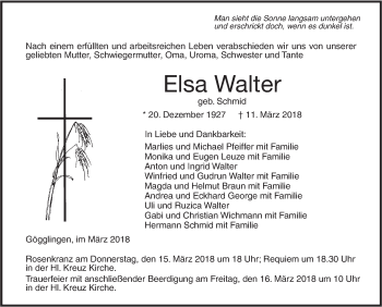 Traueranzeige von Elsa Walter von SÜDWEST PRESSE Ausgabe Ulm/Neu-Ulm