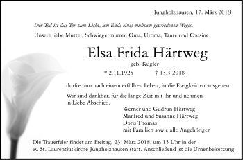 Traueranzeige von Elsa Frida Härtweg von Haller Tagblatt