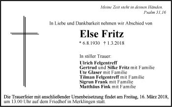 Traueranzeige von Else Fritz von SÜDWEST PRESSE Ausgabe Ulm/Neu-Ulm