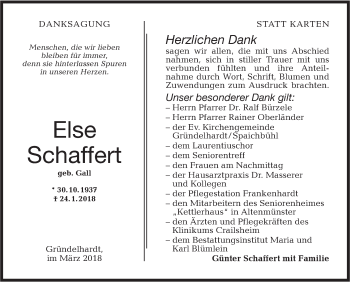 Traueranzeige von Else Schaffert von Hohenloher Tagblatt