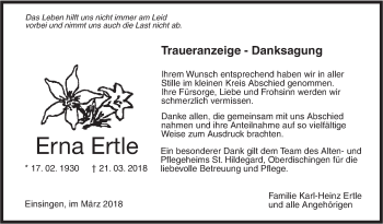 Traueranzeige von Erna Ertle von SÜDWEST PRESSE Ausgabe Ulm/Neu-Ulm