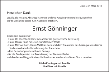 Traueranzeige von Ernst Gönninger von Metzinger-Uracher Volksblatt