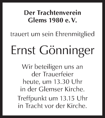 Traueranzeige von Ernst Gönninger von Metzinger-Uracher Volksblatt