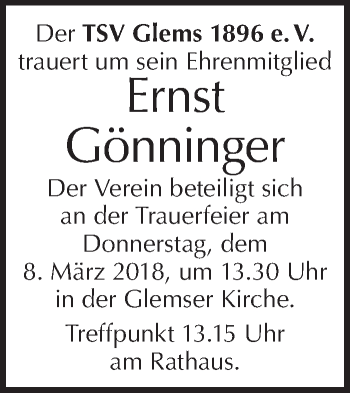 Traueranzeige von Ernst Gönninger von Metzinger-Uracher Volksblatt