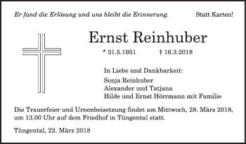 Traueranzeige von Ernst Reinhuber von Haller Tagblatt