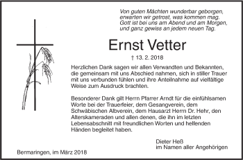 Traueranzeige von Ernst Vetter von SÜDWEST PRESSE Ausgabe Ulm/Neu-Ulm