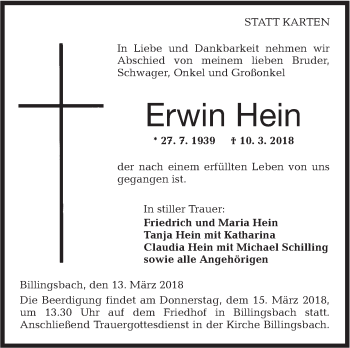 Traueranzeige von Erwin Hein von Hohenloher Tagblatt