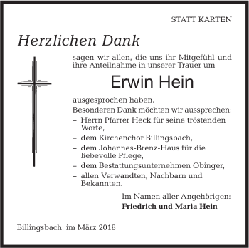 Traueranzeige von Erwin Hein von Hohenloher Tagblatt