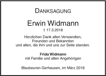 Traueranzeige von Erwin Widmann von SÜDWEST PRESSE Ausgabe Ulm/Neu-Ulm