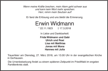 Traueranzeige von Erwin Widmann von SÜDWEST PRESSE Ausgabe Ulm/Neu-Ulm