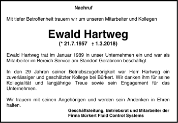 Traueranzeige von Ewald Hartweg von Hohenloher Tagblatt