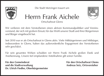 Traueranzeige von Frank Aichele von Metzinger-Uracher Volksblatt