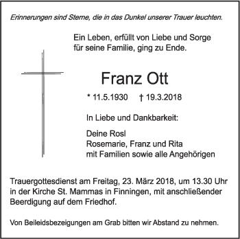 Traueranzeige von Franz Ott von SÜDWEST PRESSE Ausgabe Ulm/Neu-Ulm