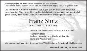 Traueranzeige von Franz Stotz von Haller Tagblatt