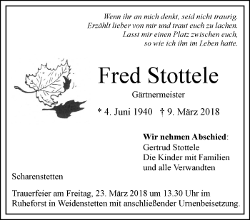 Traueranzeige von Fred Stottele von SÜDWEST PRESSE Ausgabe Ulm/Neu-Ulm