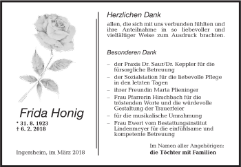 Traueranzeige von Frida Honig von Hohenloher Tagblatt