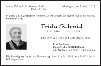 Traueranzeige von Frida Schmid von Metzinger-Uracher Volksblatt