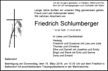 Traueranzeige von Friedrich Schlumberger von SÜDWEST PRESSE Ausgabe Ulm/Neu-Ulm