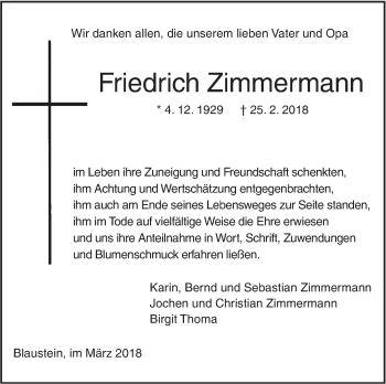 Traueranzeige von Friedrich Zimmermann von SÜDWEST PRESSE Ausgabe Ulm/Neu-Ulm