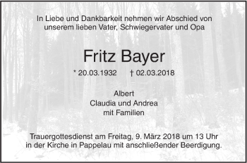 Traueranzeige von Fritz Bayer von SÜDWEST PRESSE Ausgabe Ulm/Neu-Ulm