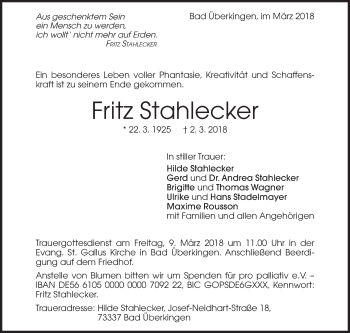 Traueranzeige von Fritz Stahlecker von NWZ Neue Württembergische Zeitung/Geislinger Zeitung