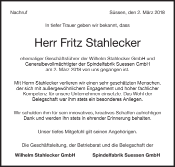 Traueranzeige von Fritz Stahlecker von NWZ Neue Württembergische Zeitung/Geislinger Zeitung